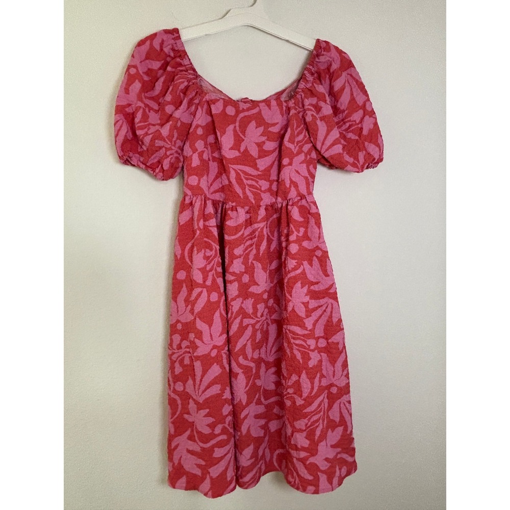Time and Tru Pink Red Floral Puff Sleeve Tie Back Midi Dress XS 0-2